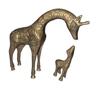 Vintage Brass Giraffe Figurine Set Mother & Baby Mid Century Modern Animal Decor